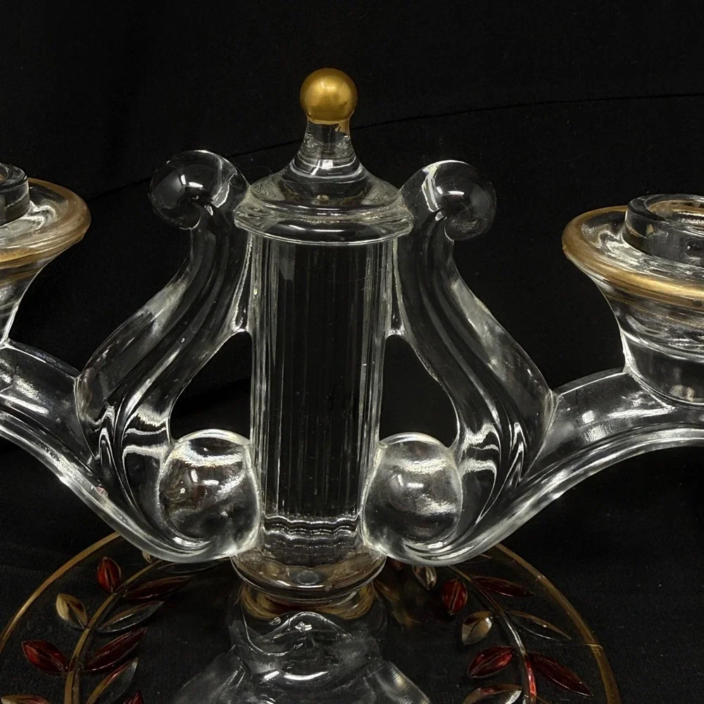 Indiana Glass Laurel‎ Double Arm Candle Holder Set 2 Gold Red Trim Accent 40s